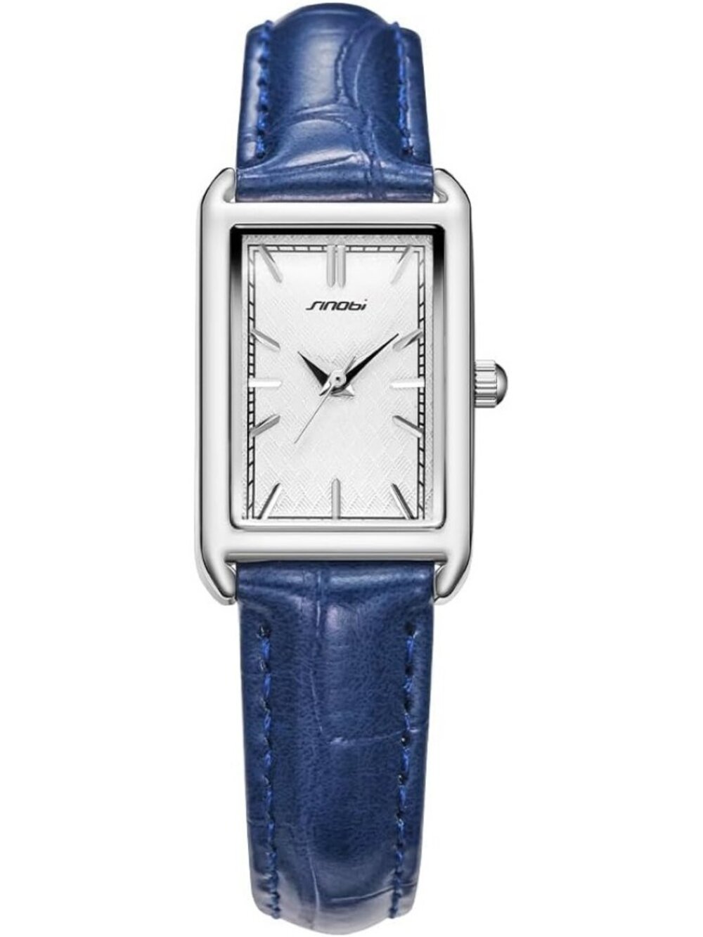 Women's Silver-Blue Minimalist Causal Square Leather Strap Stylish Wrist Watch
